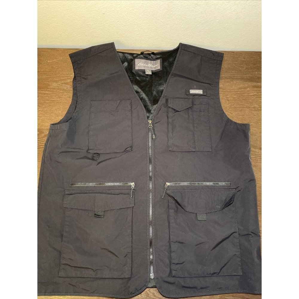 Eddie Bauer Vest Mens Size TXL Hiking Utility Fishing Full Zip Black Nylon
